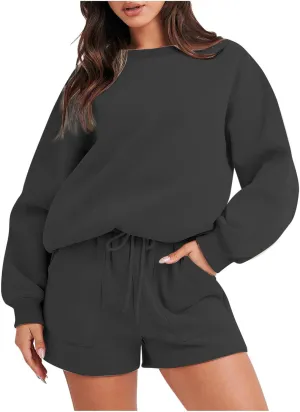 2 Piece Outfits Sweatsuit For Women Oversized Crewneck Sweatshirt & Lounge Shorts Set 2023 Fall Fashion Tracksuit