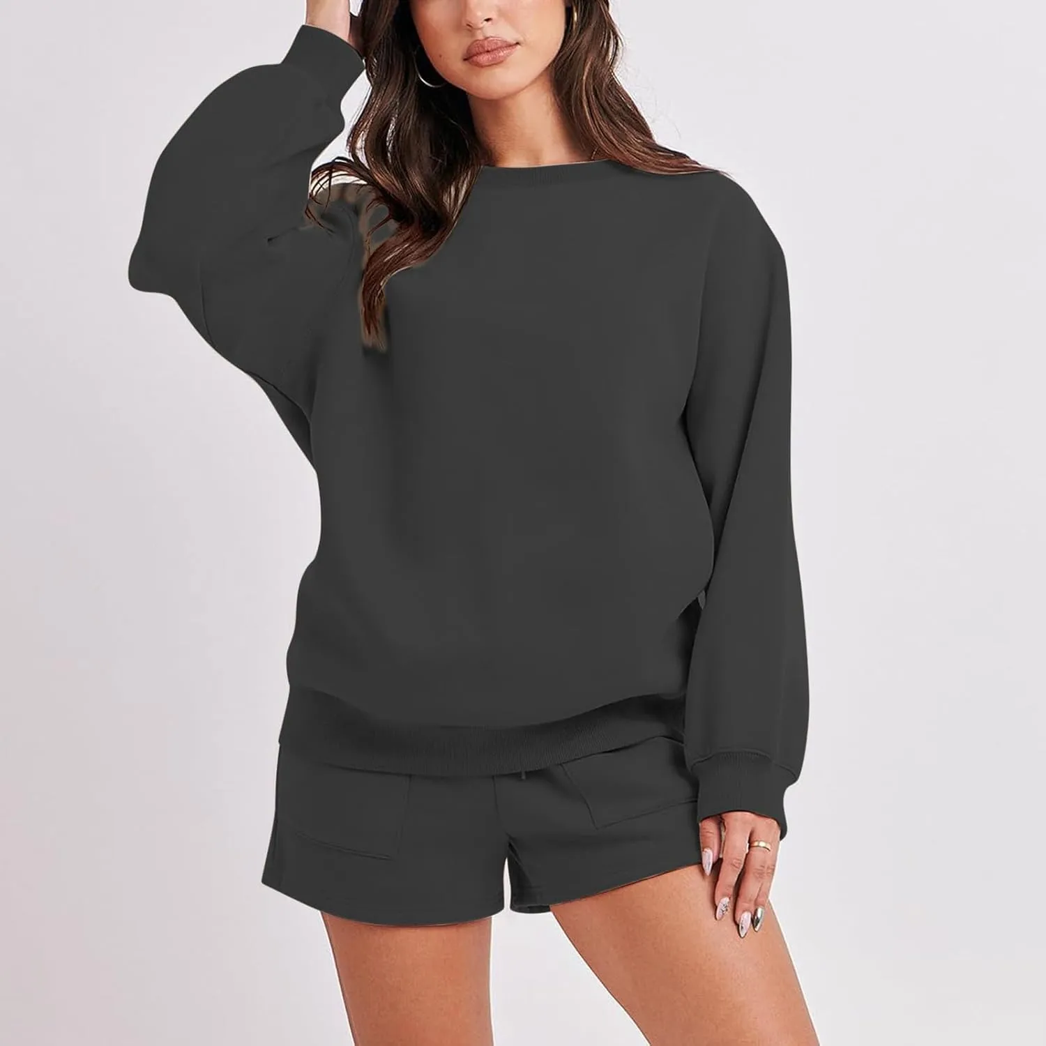 2 Piece Outfits Sweatsuit For Women Oversized Crewneck Sweatshirt & Lounge Shorts Set 2023 Fall Fashion Tracksuit