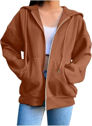 2024 Fall Trendy Hoodie Oversized Solid Long Sleeve Full Zip Up Casual Drawstring Hooded Jacket Loose Open Front Coat