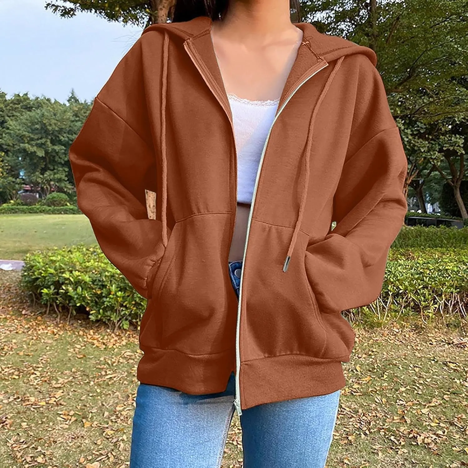 2024 Fall Trendy Hoodie Oversized Solid Long Sleeve Full Zip Up Casual Drawstring Hooded Jacket Loose Open Front Coat