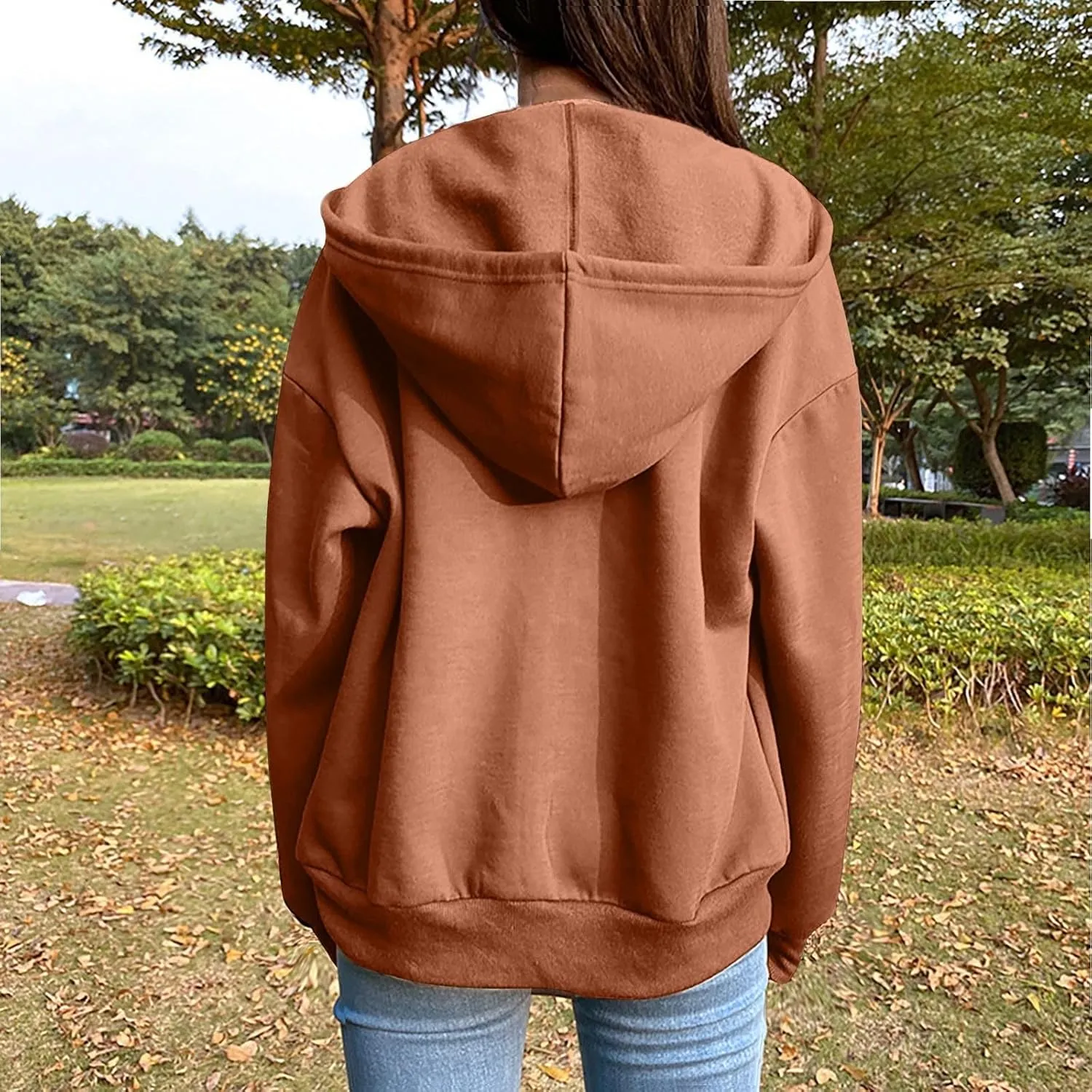 2024 Fall Trendy Hoodie Oversized Solid Long Sleeve Full Zip Up Casual Drawstring Hooded Jacket Loose Open Front Coat