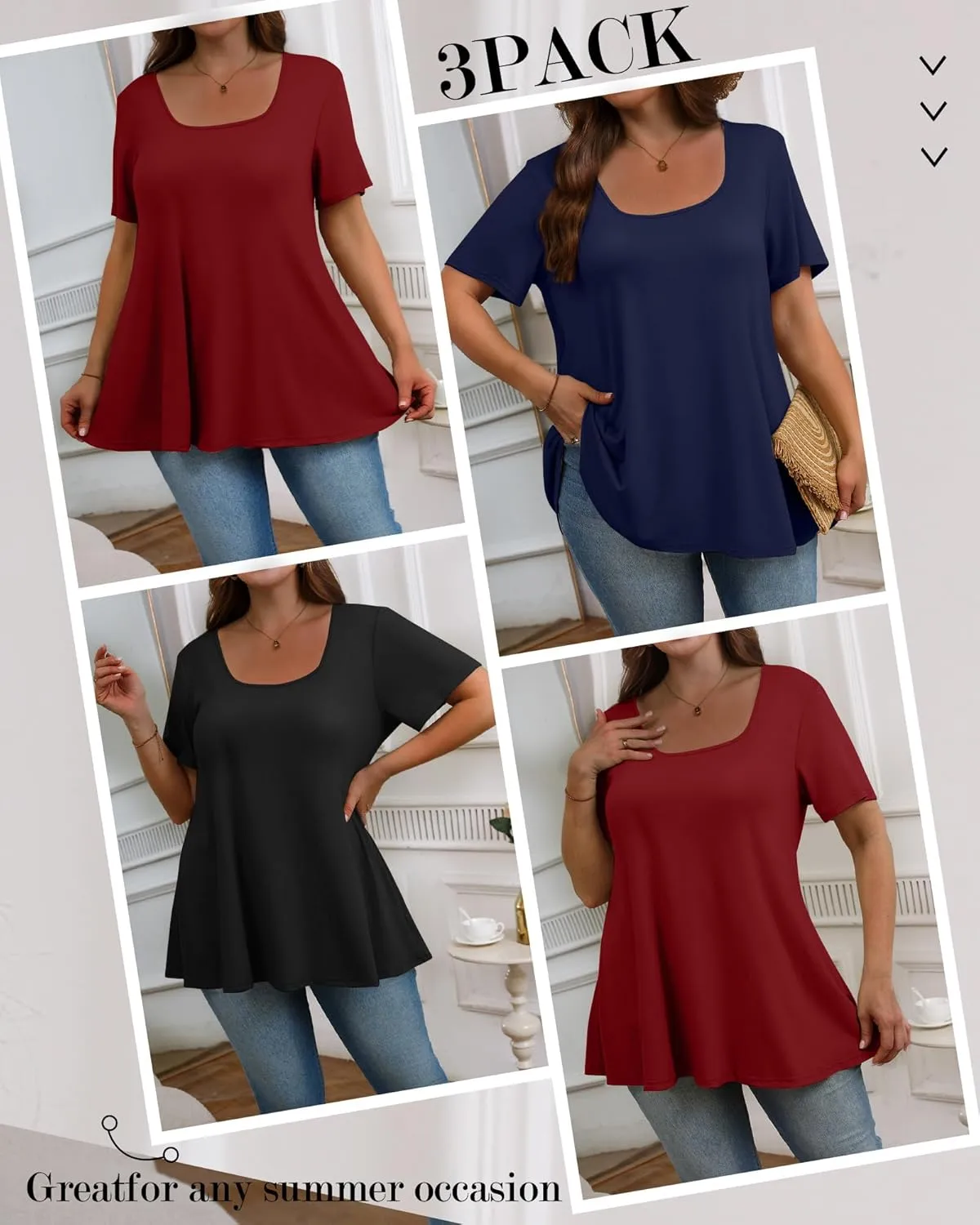 3 Pack Plus Size Tops for Women Casual U Neck A Line Top Short Sleeve Loose Fit Flowy Shirts Tunic Blouses XL-5XL