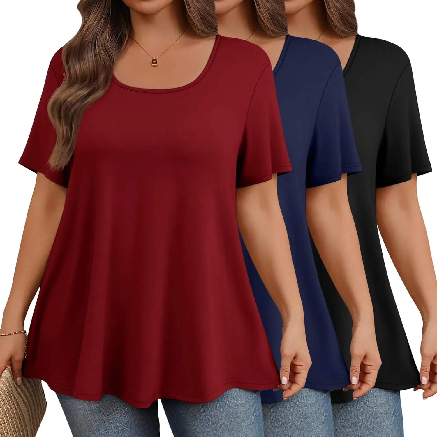 3 Pack Plus Size Tops for Women Casual U Neck A Line Top Short Sleeve Loose Fit Flowy Shirts Tunic Blouses XL-5XL
