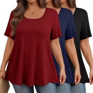 3 Pack Plus Size Tops for Women Casual U Neck A Line Top Short Sleeve Loose Fit Flowy Shirts Tunic Blouses XL-5XL