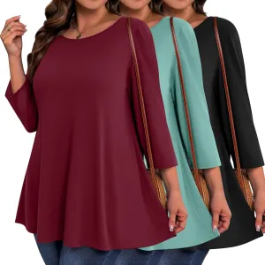 3 Pack Women's Plus Size Tunic Tops, 3/4 Sleeve Loose Fit Tunics Comfy Casual Swing Tops Flare T-shirt for Leggings