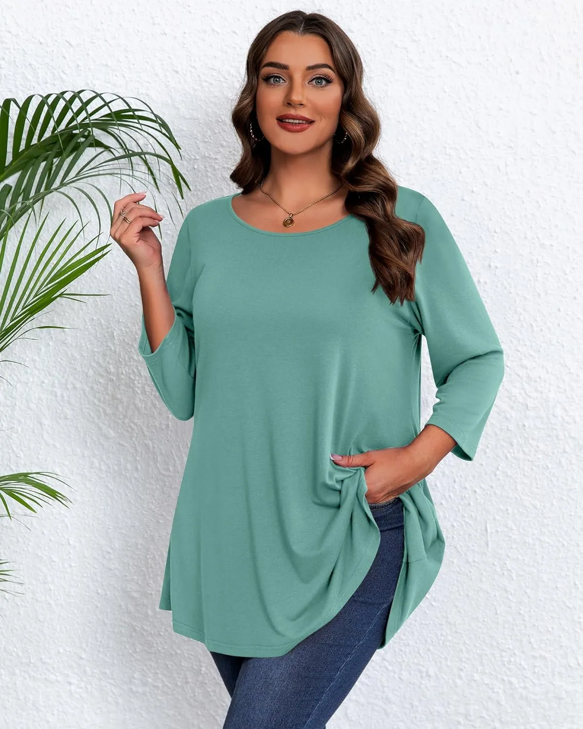 3 Pack Women's Plus Size Tunic Tops, 3/4 Sleeve Loose Fit Tunics Comfy Casual Swing Tops Flare T-shirt for Leggings