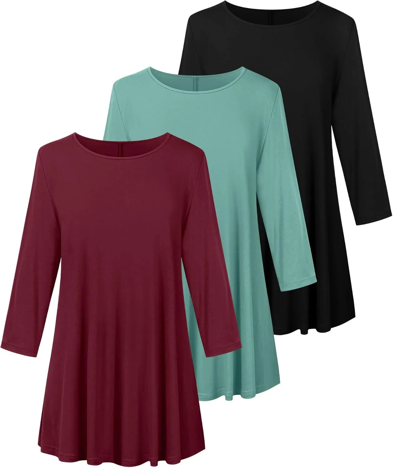 3 Pack Women's Plus Size Tunic Tops, 3/4 Sleeve Loose Fit Tunics Comfy Casual Swing Tops Flare T-shirt for Leggings
