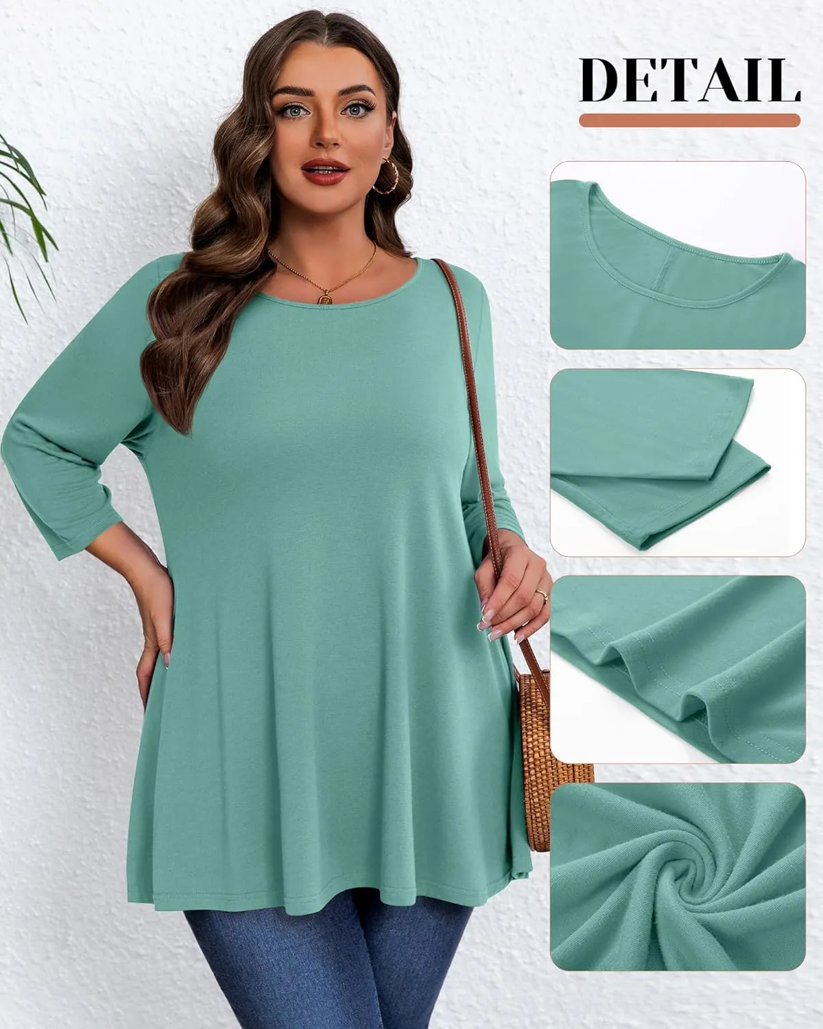 3 Pack Women's Plus Size Tunic Tops, 3/4 Sleeve Loose Fit Tunics Comfy Casual Swing Tops Flare T-shirt for Leggings