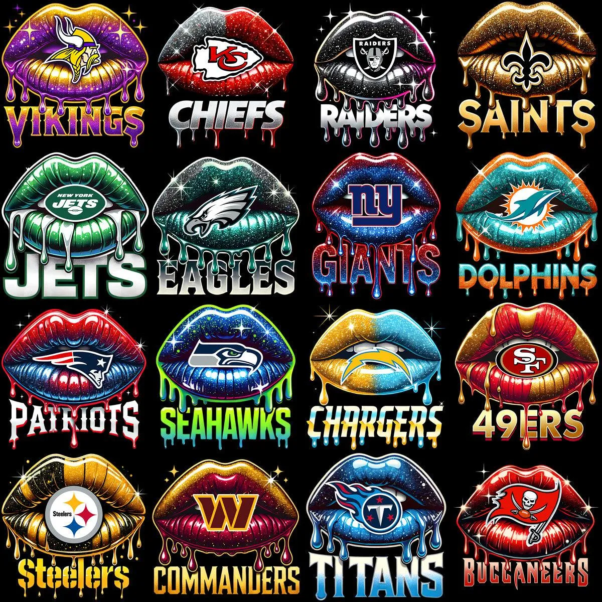 32 Dripping LIPS Football Teams Designs Bundle PNG