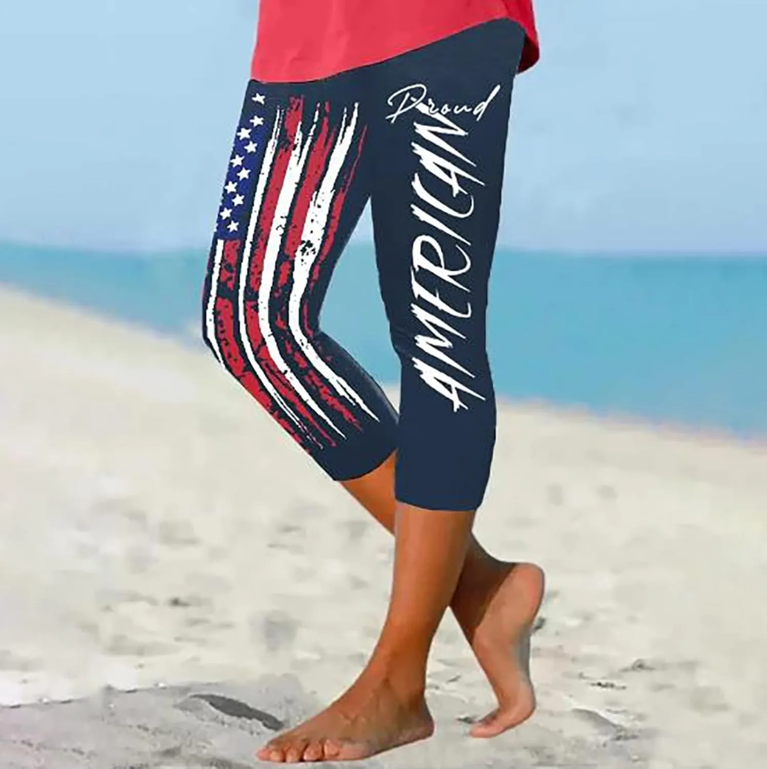 4th of July Capri Leggings for Women 2025 Summer High Waist Pant Tummy Control Knee Length Slim Fit Yoga Cropped Trouser