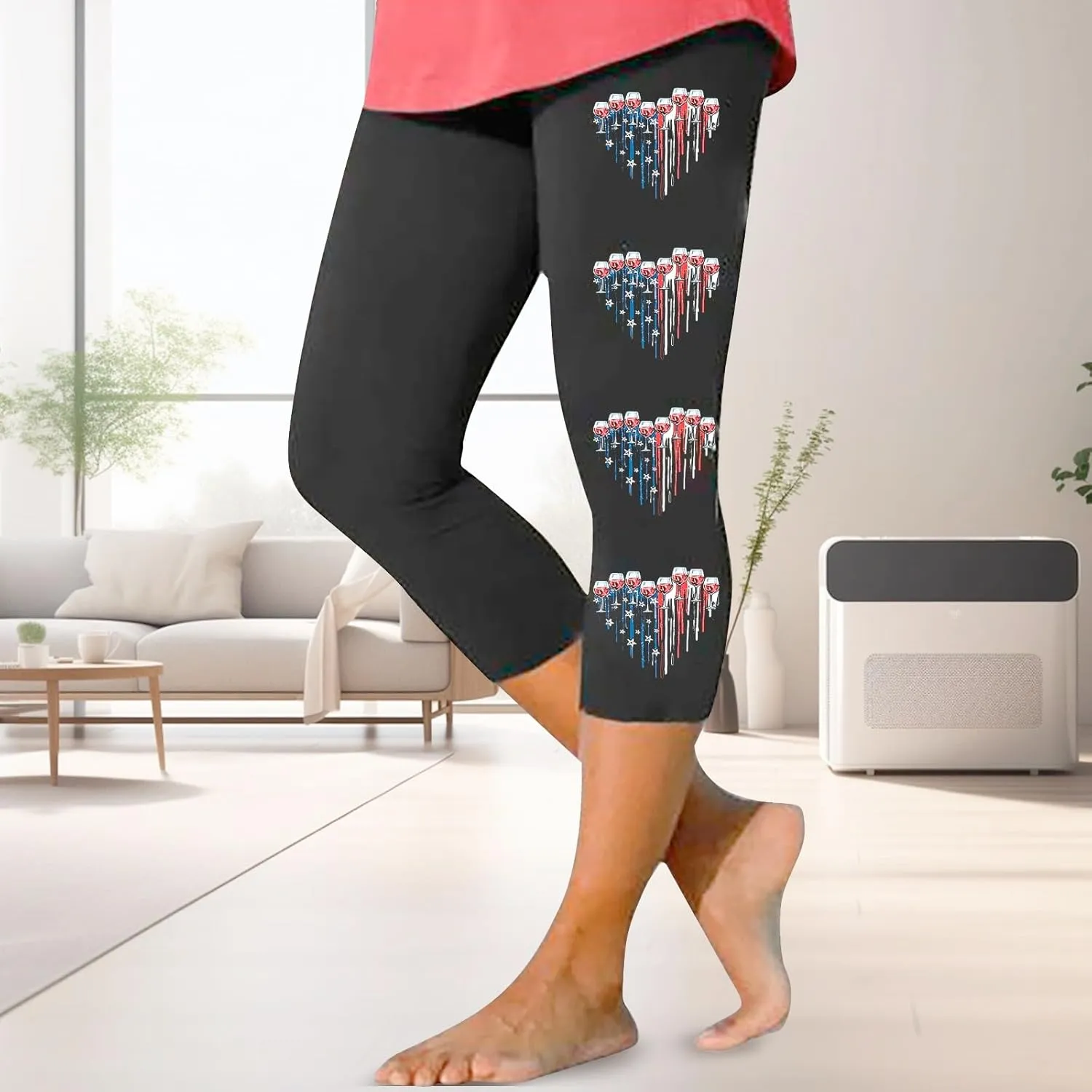 4th of July Capri Leggings for Women High Waist Capris Pant Tummy Control Knee Length Slim Fit Yoga Cropped Trouser