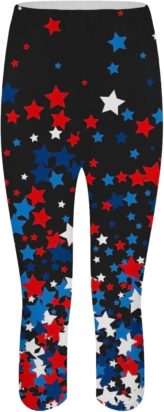 4th of July Capri Leggings for Women High Waist Capris Pant Tummy Control Knee Length Slim Fit Yoga Cropped Trouser