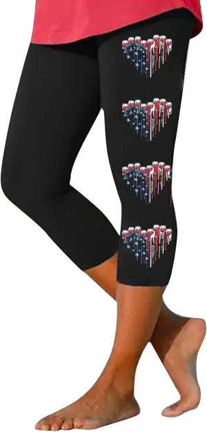 4th of July Capri Leggings for Women High Waist Capris Pant Tummy Control Knee Length Slim Fit Yoga Cropped Trouser