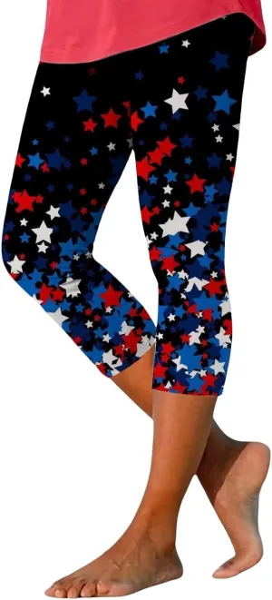 4th of July Capri Leggings for Women High Waist Capris Pant Tummy Control Knee Length Slim Fit Yoga Cropped Trouser