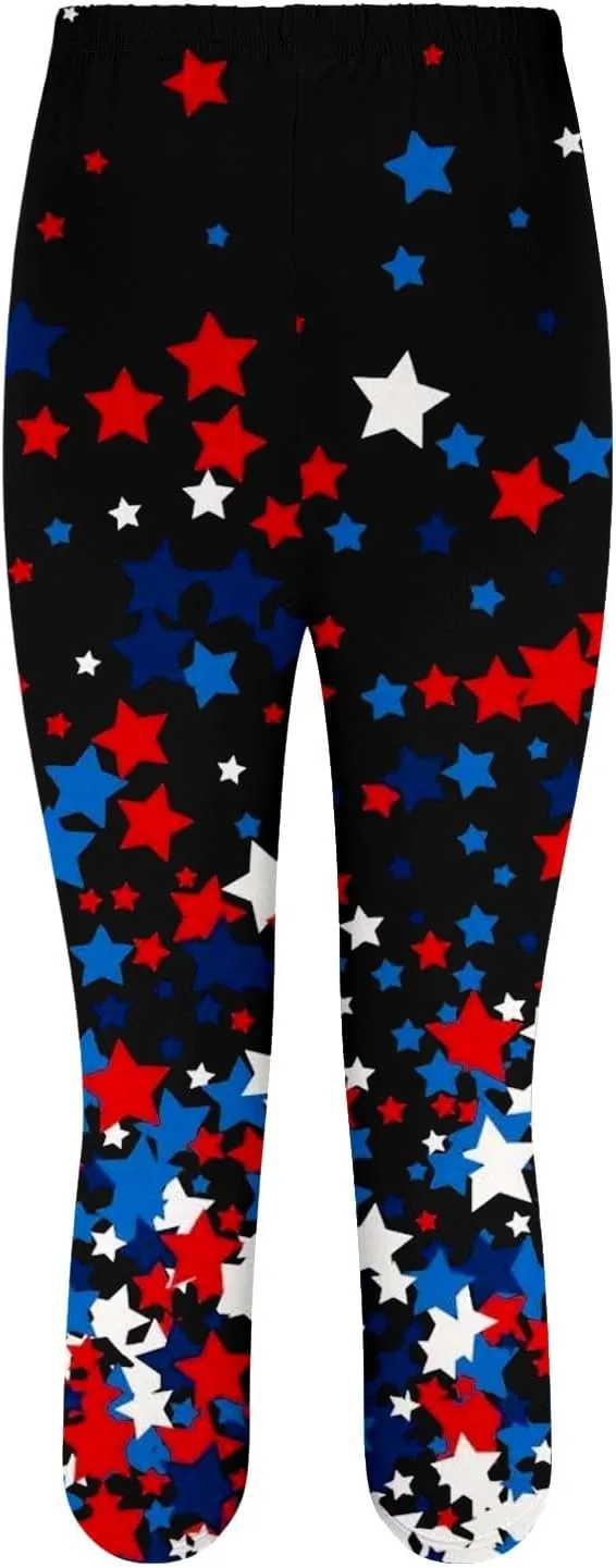 4th of July Capri Leggings for Women High Waist Capris Pant Tummy Control Knee Length Slim Fit Yoga Cropped Trouser