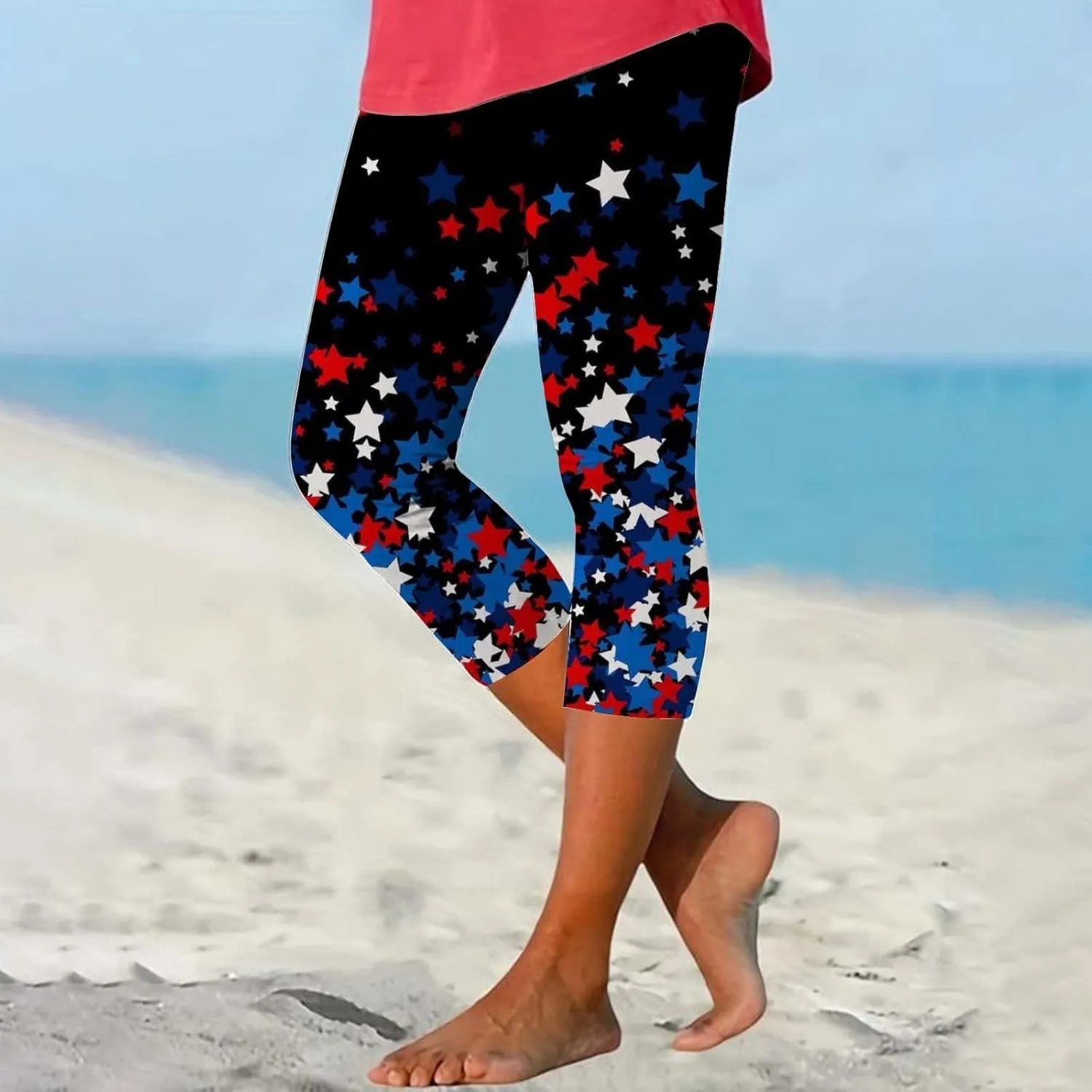4th of July Capri Leggings for Women High Waist Capris Pant Tummy Control Knee Length Slim Fit Yoga Cropped Trouser
