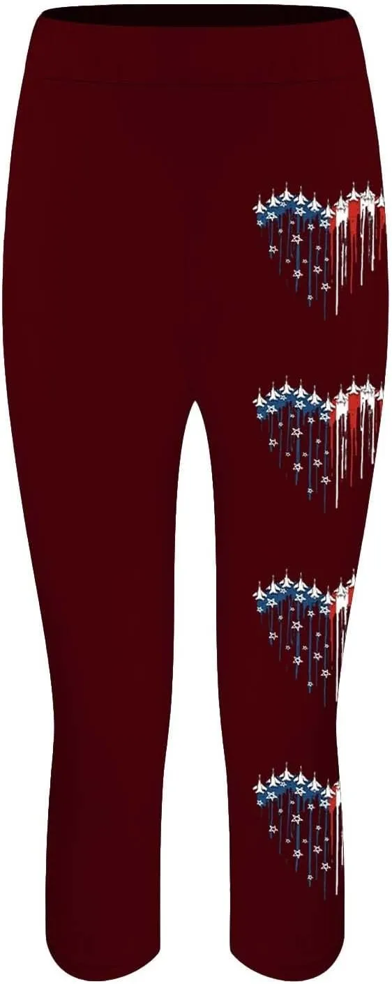 4th of July Capri Leggings for Women Summer High Waist American Flag Yoga Pants Patriotic Cropped Trousers with Pockets