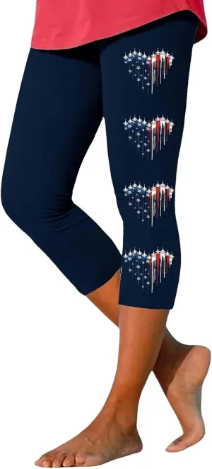 4th of July Capri Leggings for Women Summer High Waist American Flag Yoga Pants Patriotic Cropped Trousers with Pockets