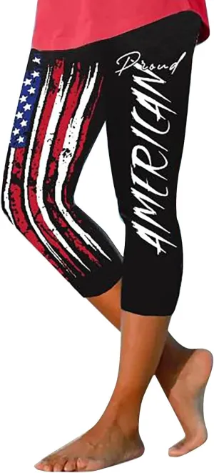 4th of July Capri Leggings for Women Summer High Waist American Flag Yoga Pants Patriotic Cropped Trousers with Pockets