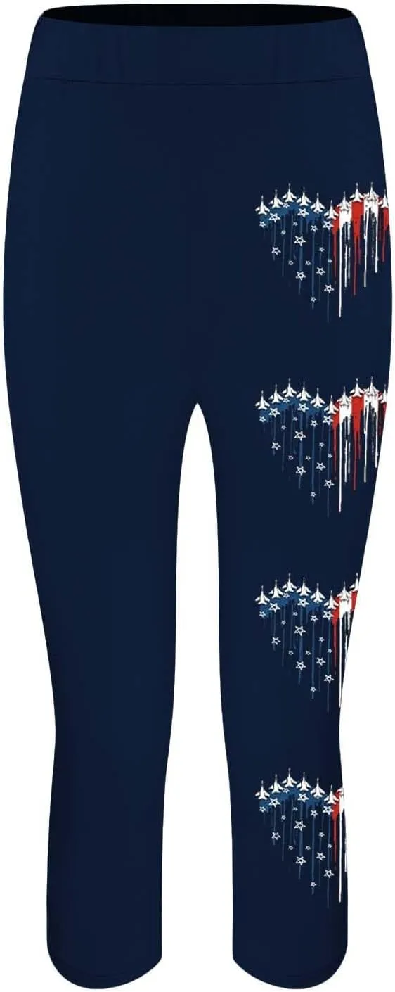 4th of July Capri Leggings for Women Summer High Waist American Flag Yoga Pants Patriotic Cropped Trousers with Pockets
