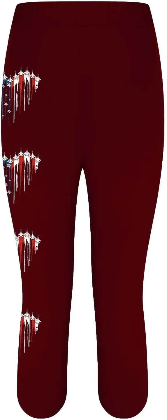 4th of July Capri Leggings for Women Summer High Waist American Flag Yoga Pants Patriotic Cropped Trousers with Pockets