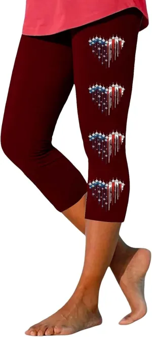 4th of July Capri Leggings for Women Summer High Waist American Flag Yoga Pants Patriotic Cropped Trousers with Pockets