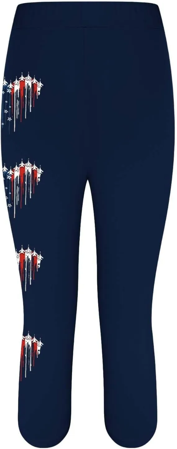 4th of July Capri Leggings for Women Summer High Waist American Flag Yoga Pants Patriotic Cropped Trousers with Pockets
