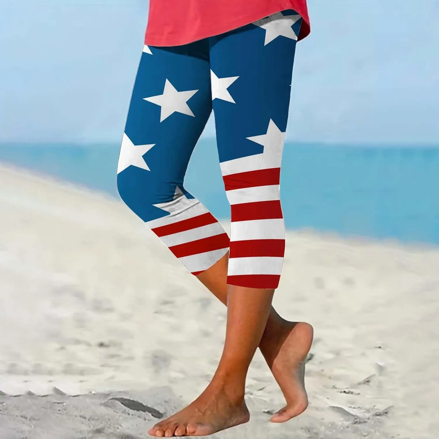 4th of July Capri Leggings for Women Summer High Waist American Flag Yoga Pants Patriotic Cropped Trousers
