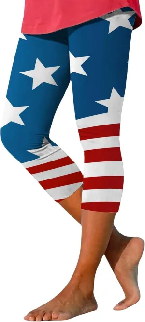 4th of July Capri Leggings for Women Summer High Waist American Flag Yoga Pants Patriotic Cropped Trousers