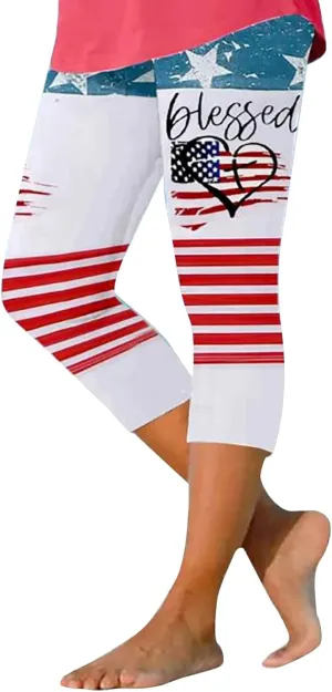 4th of July Capri Leggings for Women Summer High Waist Capris Pant Tummy Control Knee Length Slim Fit Yoga Cropped Trouser