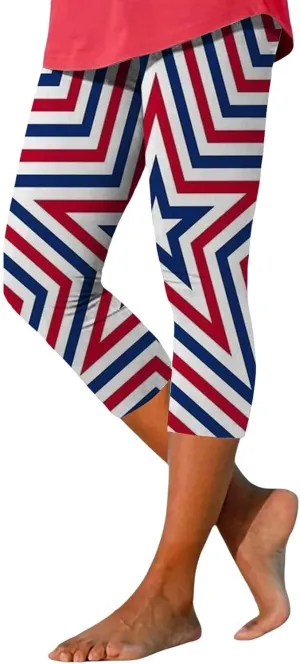 4th of July Capri Leggings for Women Summer High Waist Capris Pant Tummy Control Knee Length Slim Fit Yoga Cropped Trouser