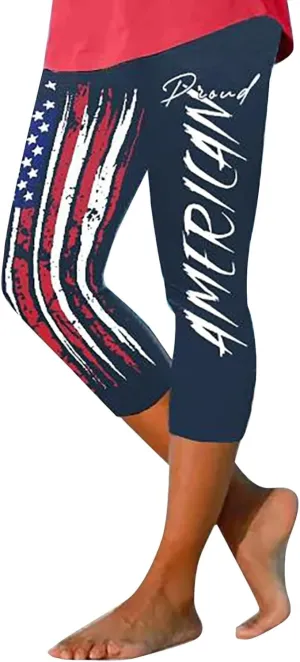 4th of July Capri Leggings for Women Summer High Waist Capris Pant Tummy Control Knee Length Slim Fit Yoga Cropped Trouser