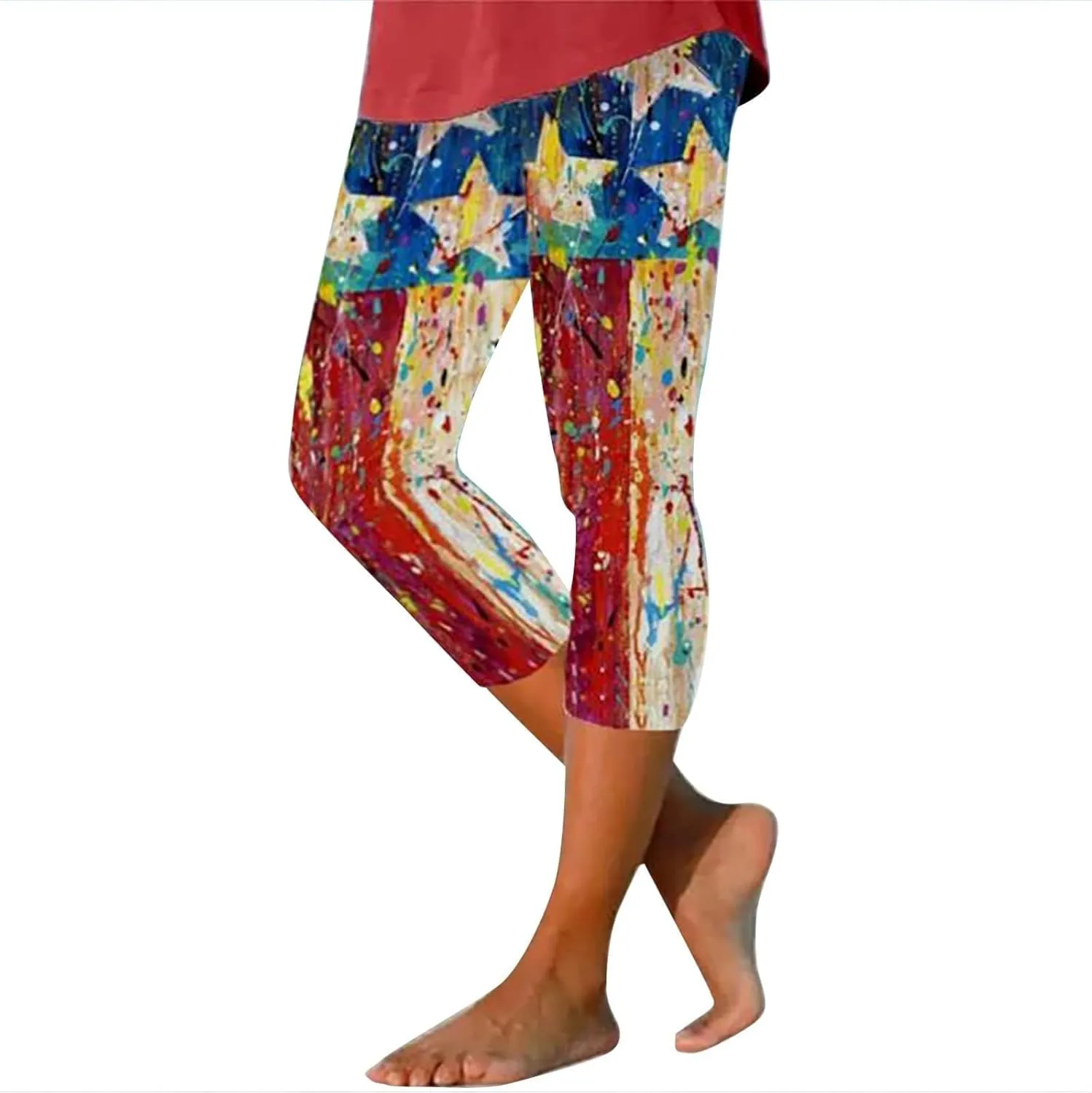 4th of July Capri Leggings for Women Summer High Waist Capris Pant Tummy Control Knee Length Slim Fit Yoga Cropped Trouser