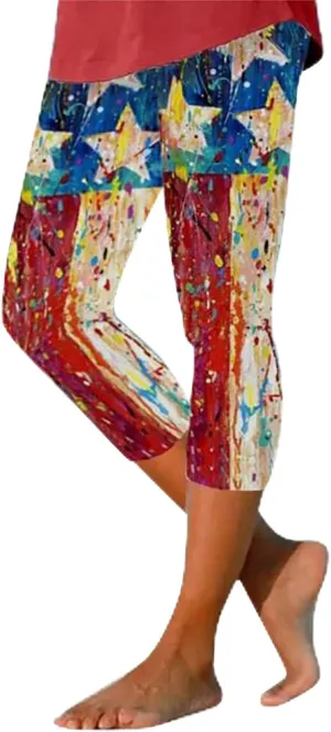 4th of July Capri Leggings for Women Summer High Waist Capris Pant Tummy Control Knee Length Slim Fit Yoga Cropped Trouser