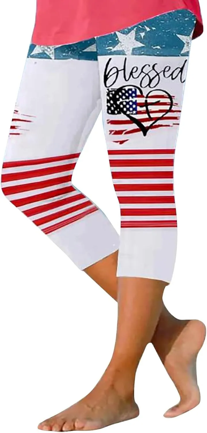 4th of July Capri Leggings for Women Summer High Waist Capris Pant Tummy Control Knee Length Slim Fit Yoga Cropped Trouser
