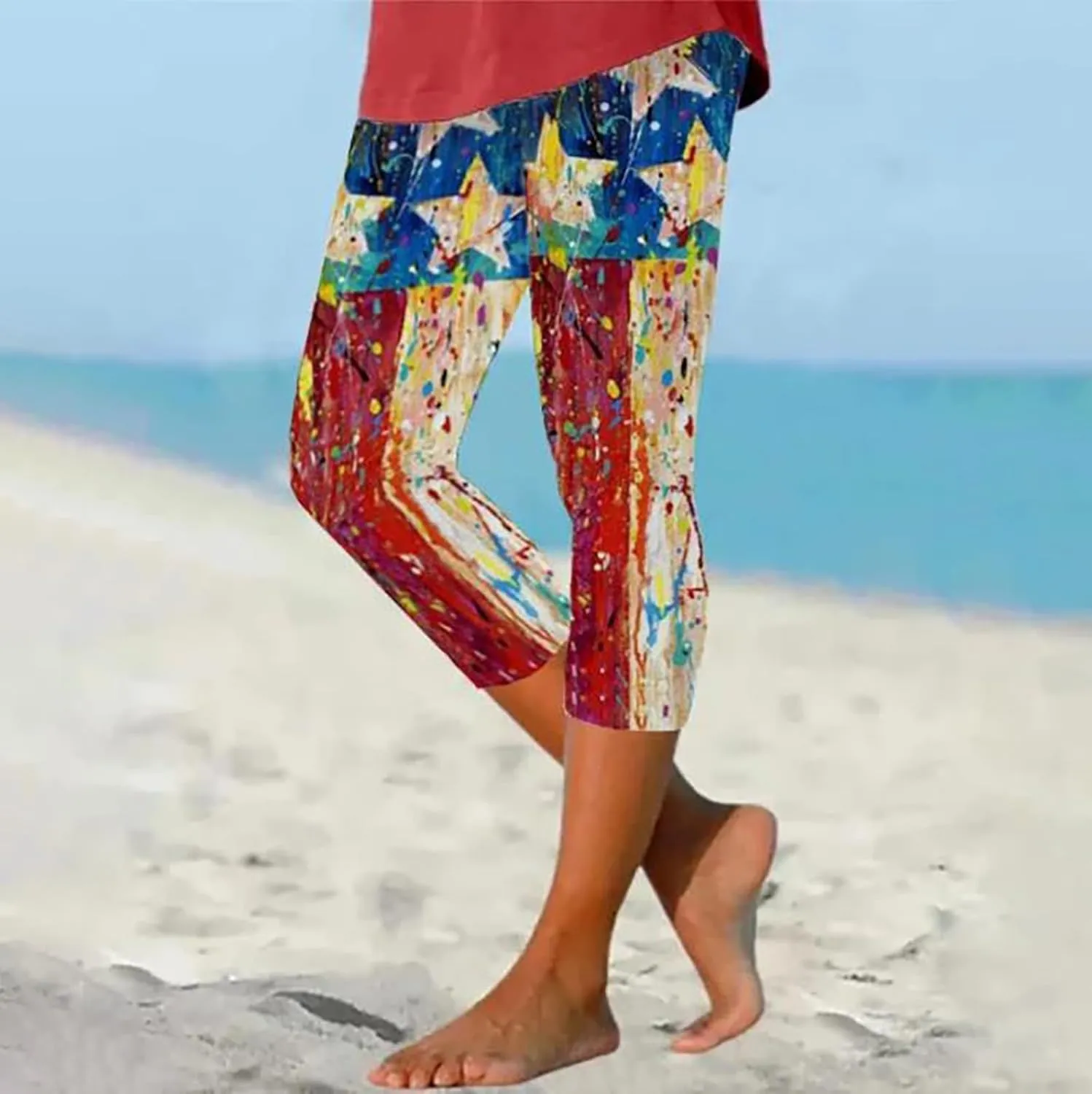 4th of July Capri Leggings for Women Summer High Waist Capris Pant Tummy Control Knee Length Slim Fit Yoga Cropped Trouser