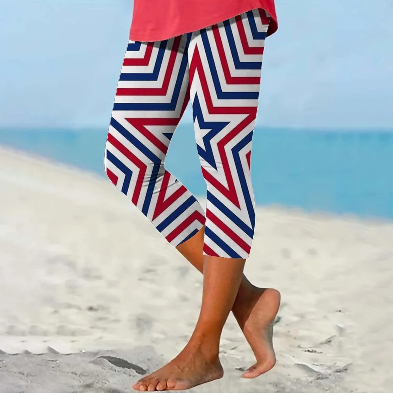 4th of July Capri Leggings for Women Summer High Waist Capris Pant Tummy Control Knee Length Slim Fit Yoga Cropped Trouser