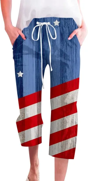 4th of July Linen Capri Pants for Women American Flag Casual Summer Capris Drawstring High Waist Cropped Trousers