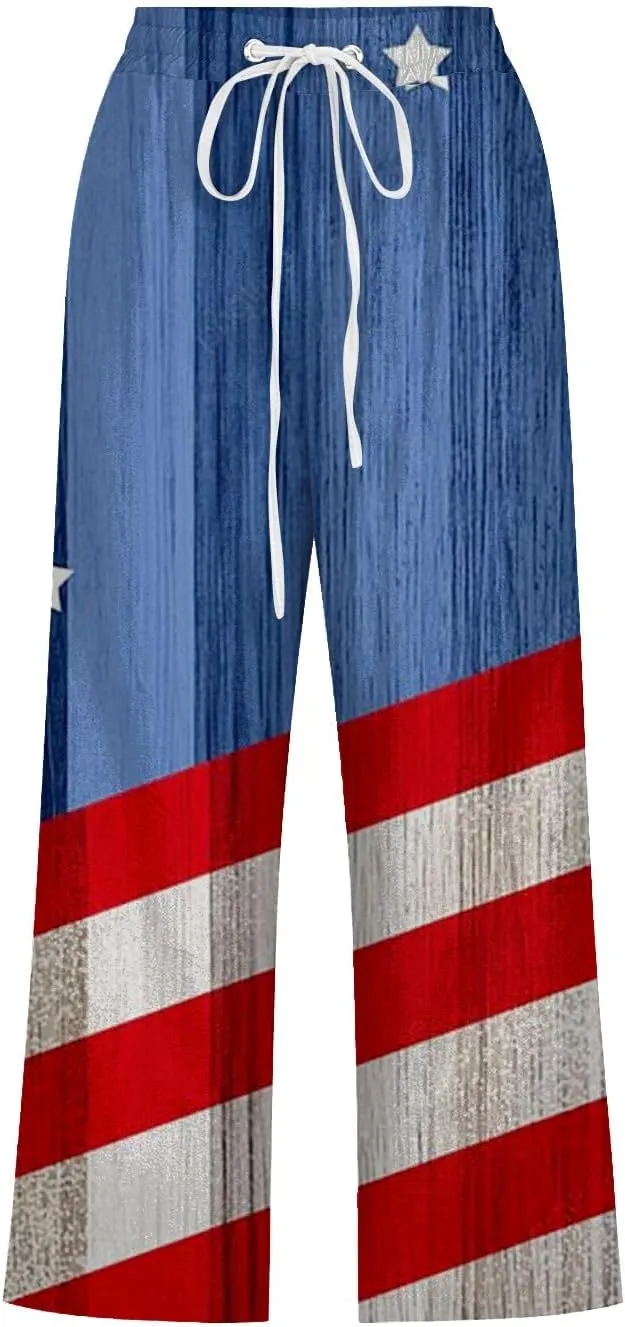 4th of July Linen Capri Pants for Women American Flag Casual Summer Capris Drawstring High Waist Cropped Trousers