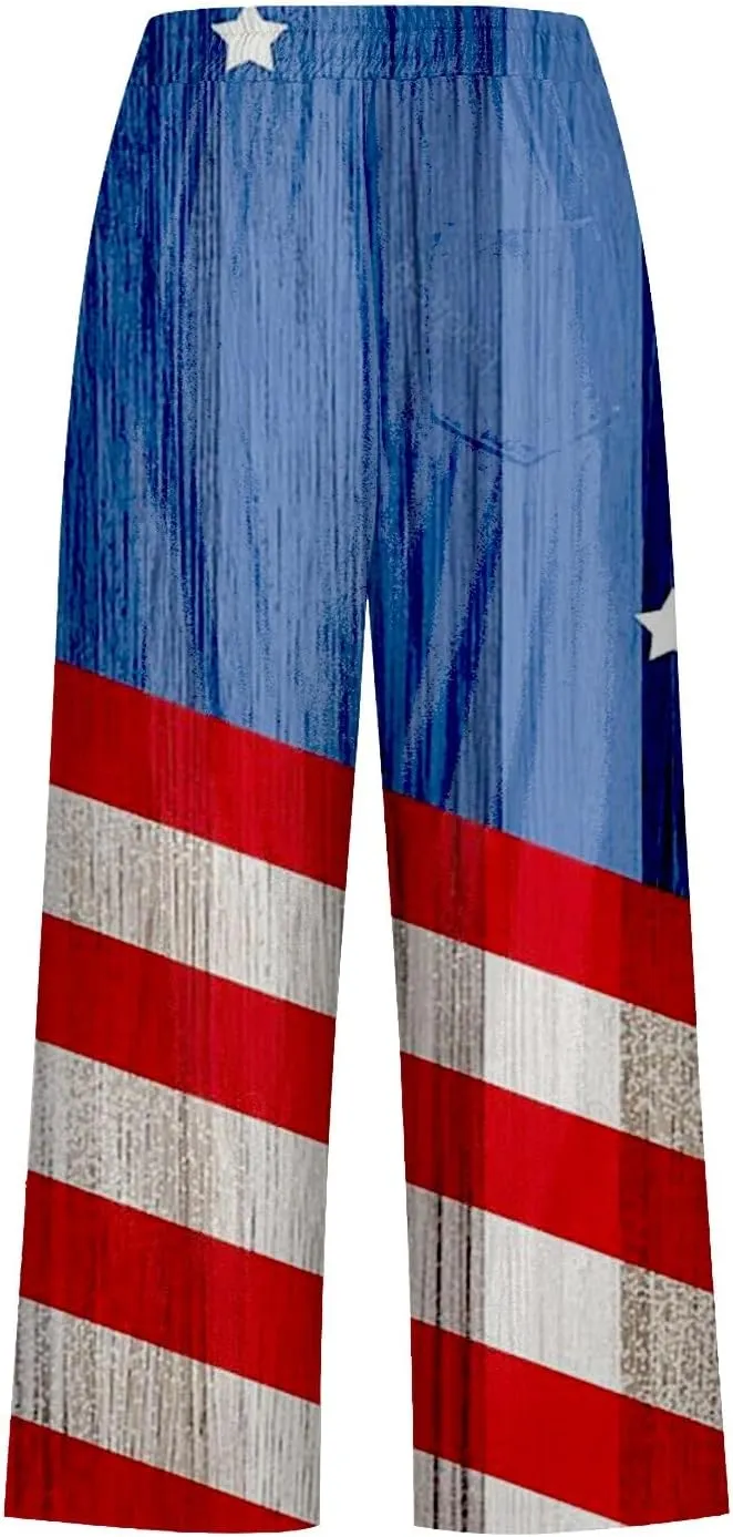 4th of July Linen Capri Pants for Women American Flag Casual Summer Capris Drawstring High Waist Cropped Trousers