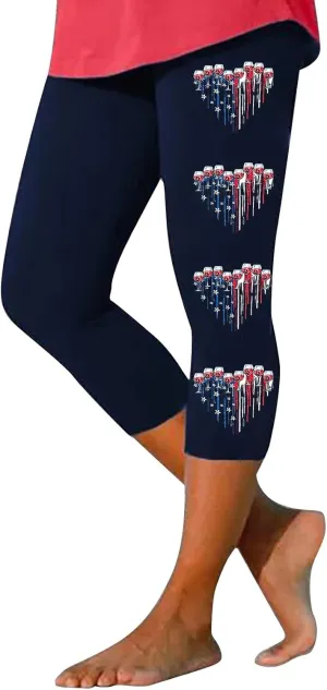 4th of July USA Patriotic Womens Capris Leggings Pants Tummy Control Knee Length Slim Fit Yoga Cropped Trouser