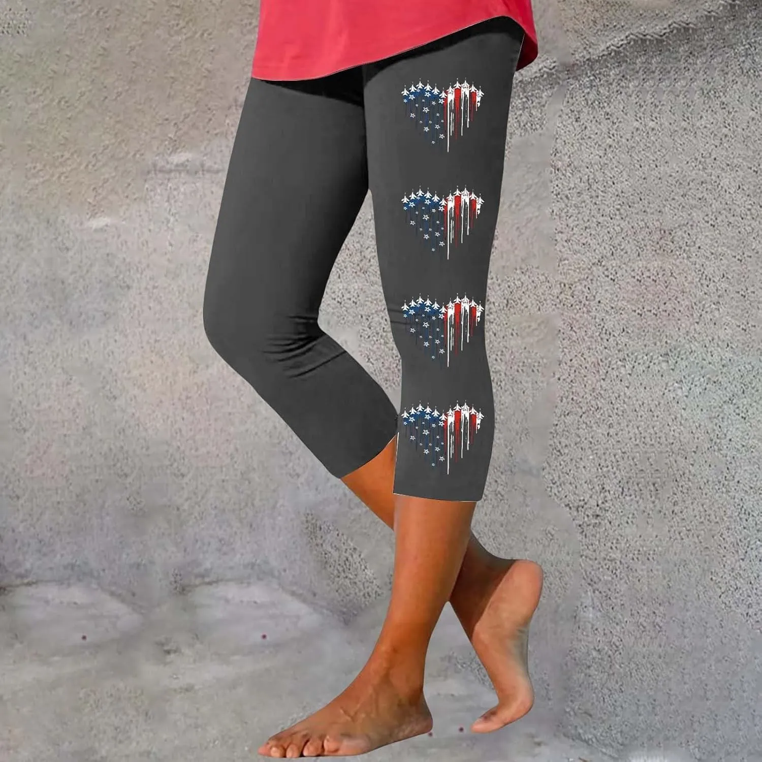 4th of July USA Patriotic Womens Capris Leggings Pants Tummy Control Knee Length Slim Fit Yoga Cropped Trouser