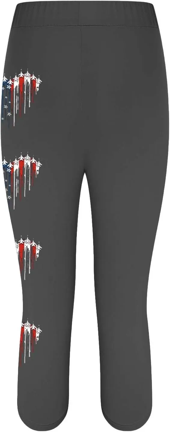 4th of July USA Patriotic Womens Capris Leggings Pants Tummy Control Knee Length Slim Fit Yoga Cropped Trouser
