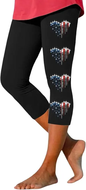4th of July USA Patriotic Womens Capris Leggings Pants Tummy Control Knee Length Slim Fit Yoga Cropped Trouser