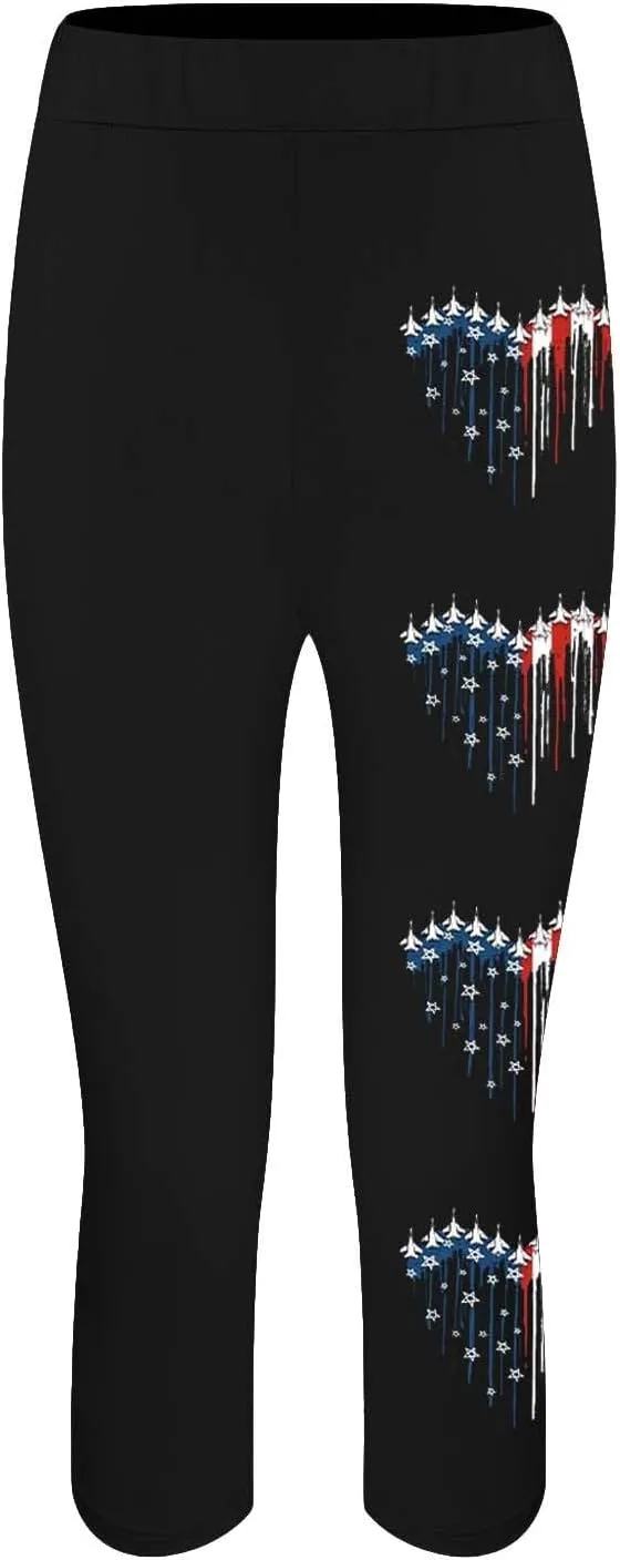 4th of July USA Patriotic Womens Capris Leggings Pants Tummy Control Knee Length Slim Fit Yoga Cropped Trouser