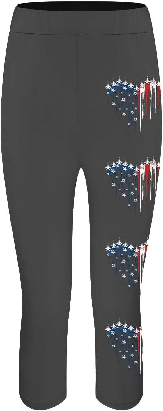 4th of July USA Patriotic Womens Capris Leggings Pants Tummy Control Knee Length Slim Fit Yoga Cropped Trouser
