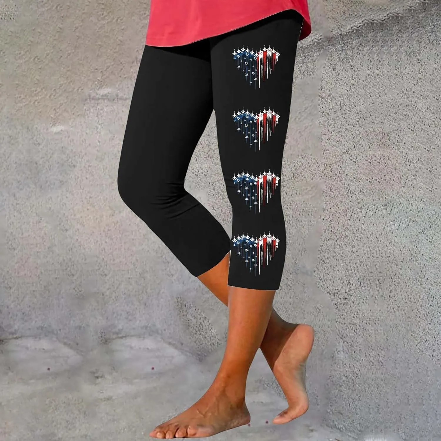 4th of July USA Patriotic Womens Capris Leggings Pants Tummy Control Knee Length Slim Fit Yoga Cropped Trouser