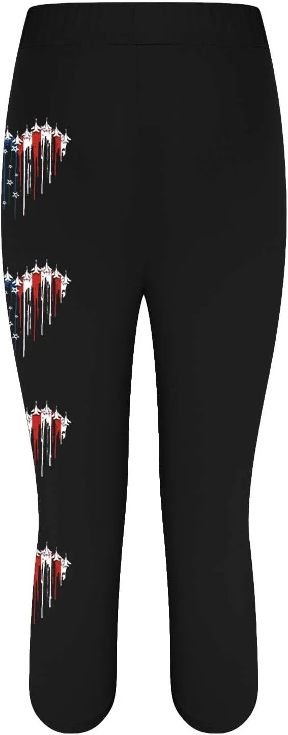 4th of July USA Patriotic Womens Capris Leggings Pants Tummy Control Knee Length Slim Fit Yoga Cropped Trouser