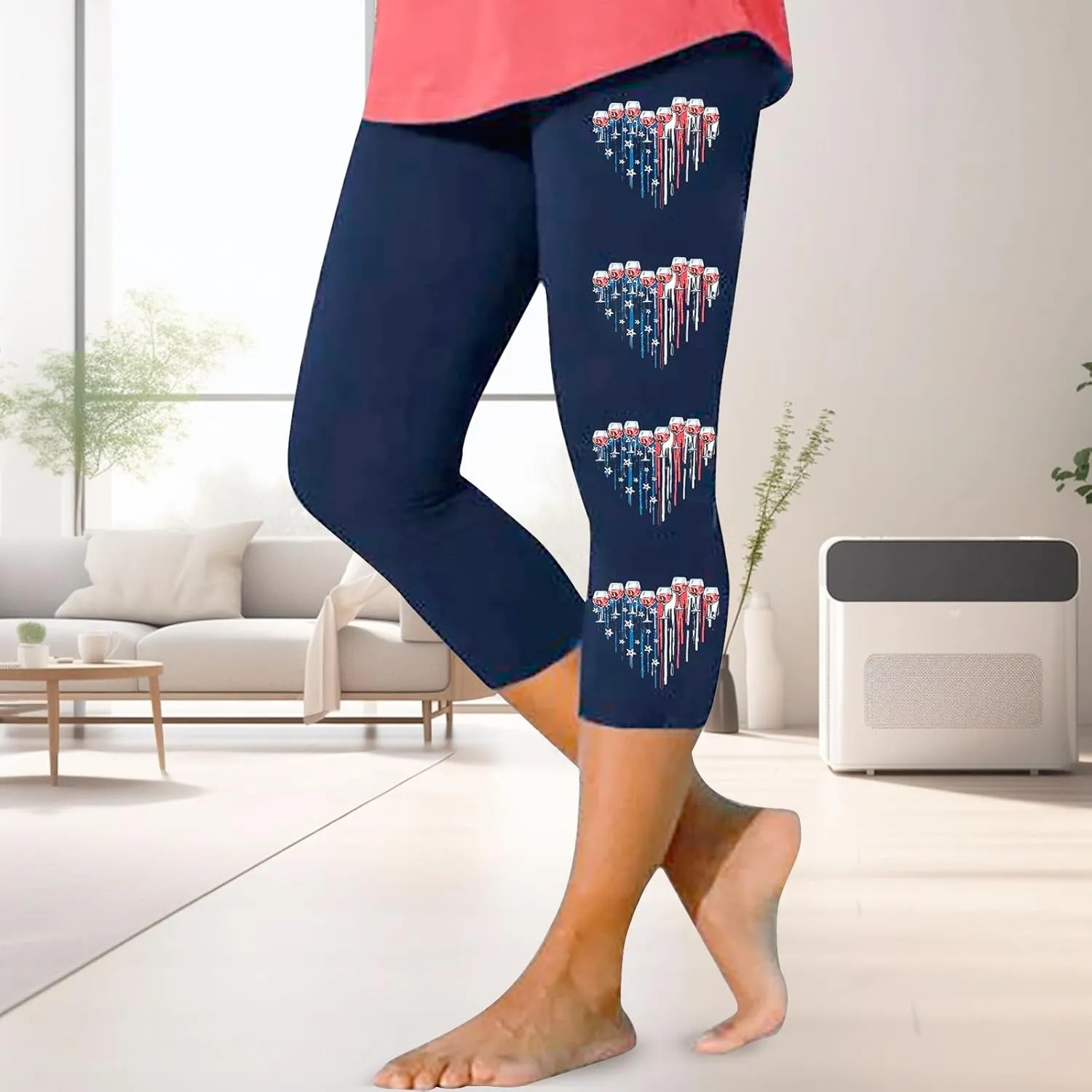4th of July USA Patriotic Womens Capris Leggings Pants Tummy Control Knee Length Slim Fit Yoga Cropped Trouser