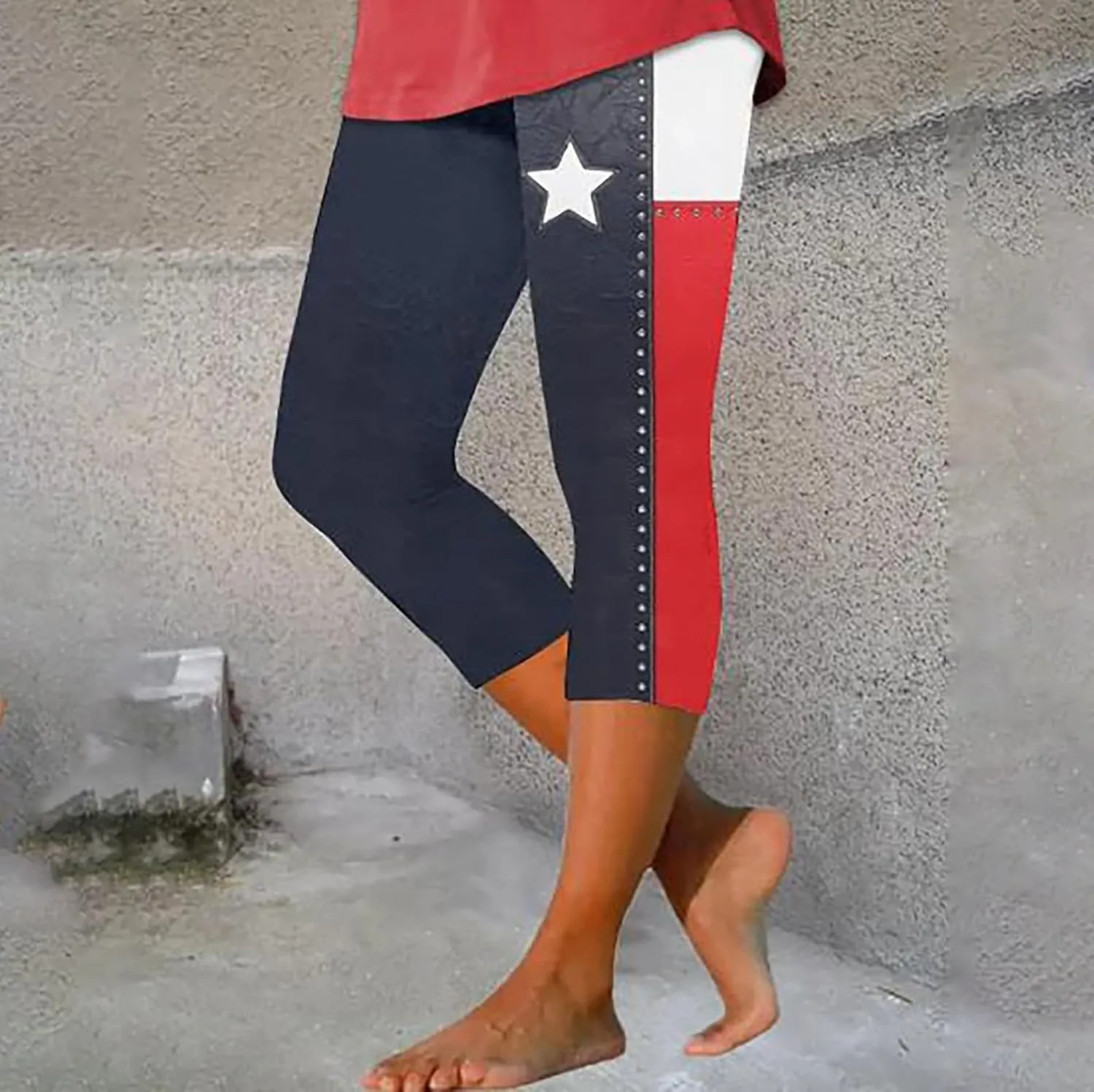 4th of July USA Patriotic Womens Capris Leggings Pants Tummy Control Knee Length Slim Fit Yoga Cropped Trouser